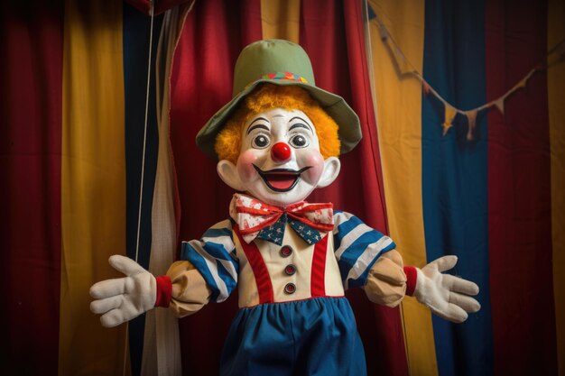 A marionette puppet resembling a clown against a circus backdrop