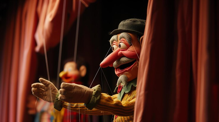 Photo a marionette with a long nose and a mustache is performing on a stage the marionette is wearing a hat and a vest the background is out of focus
