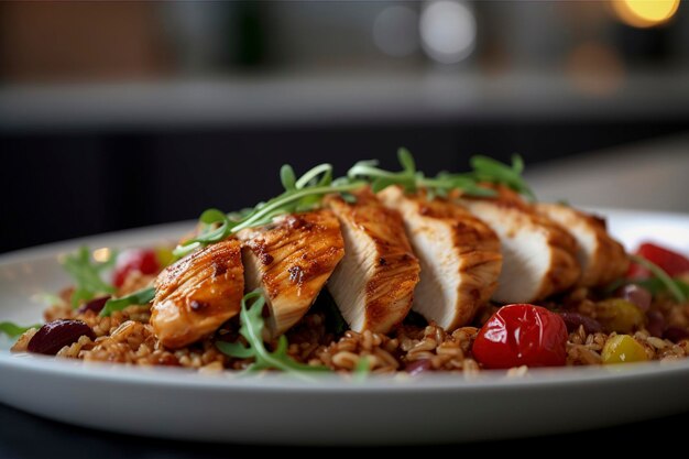 Marissa chicken and farro salad served in a bowl