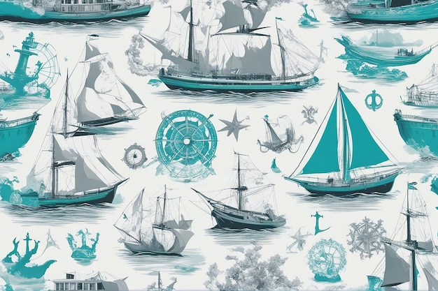 Foto maritiem toile de jouy patroon turquoise grijs wit op witte achtergrond