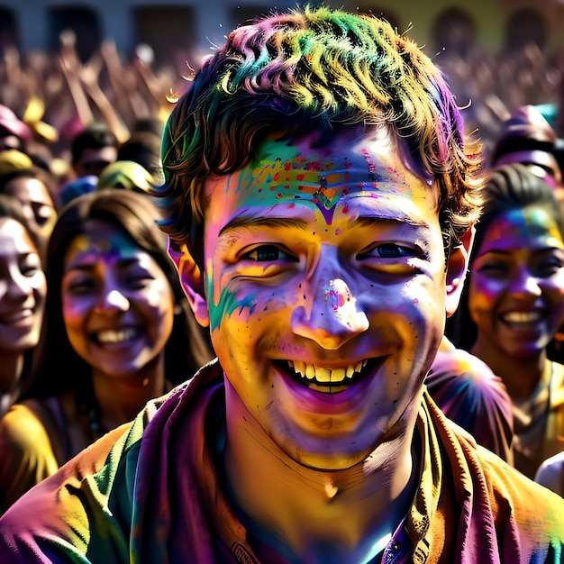 Марк Цукерберг в толпе людей цветный брызг праздник Холи богатого цвета