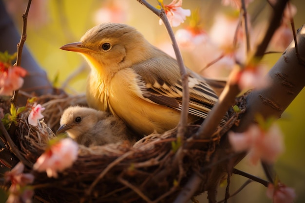 Markeer het tedere moment waarop een moedervogel over haar kuikens waakt