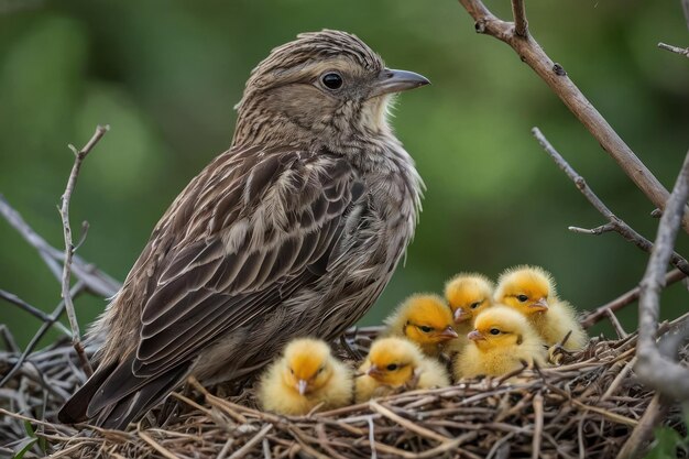 Markeer het tedere moment waarop een moedervogel over haar kuikens waakt