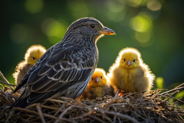 Markeer het tedere moment waarop een moedervogel over haar kuikens waakt