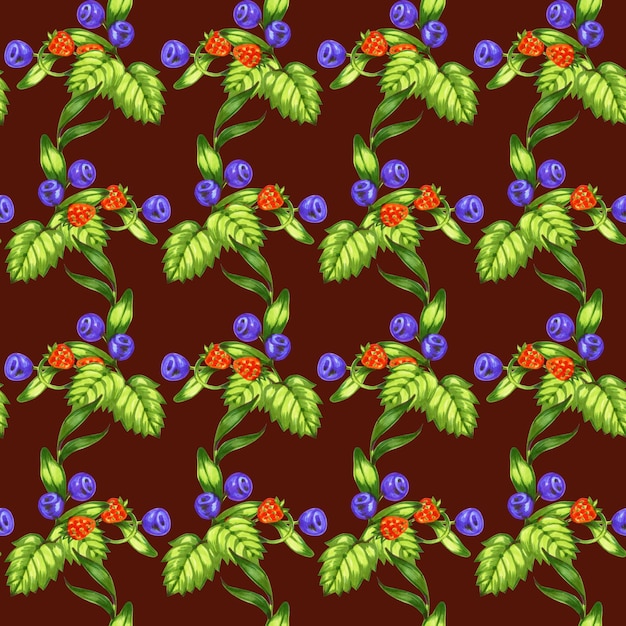 Photo marker illustration with ripe strawberries blueberry seamless pattern summer fruit botanical