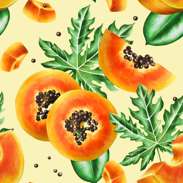 Photo marker seamless pattern with sweet ripe slice of papaya with grains tropical leafs ficus in watercol