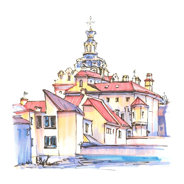 Photo marker sketch of old town of vilnius, lithuania.