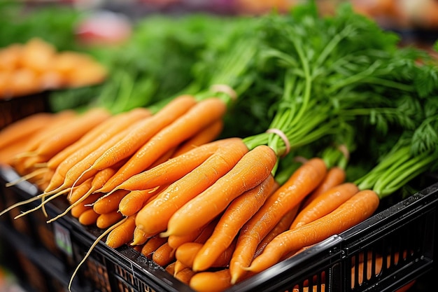 Market bounty beautiful carrots presented in a supermarket