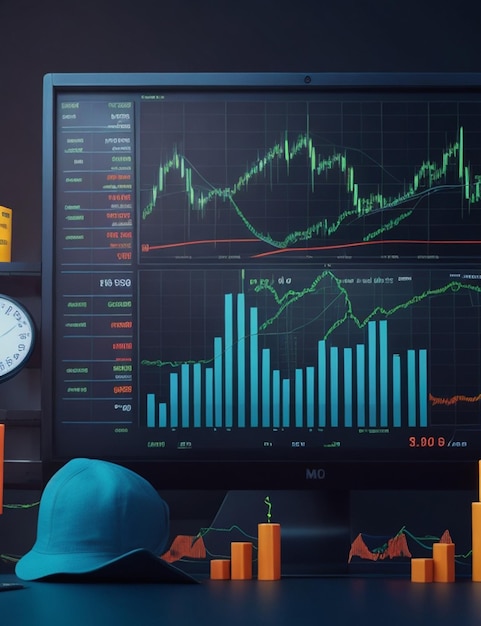 market business and trading concept with digital screen with financial chart graphs and candlestick