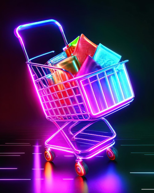 Market cart with purchases neon cyber monday