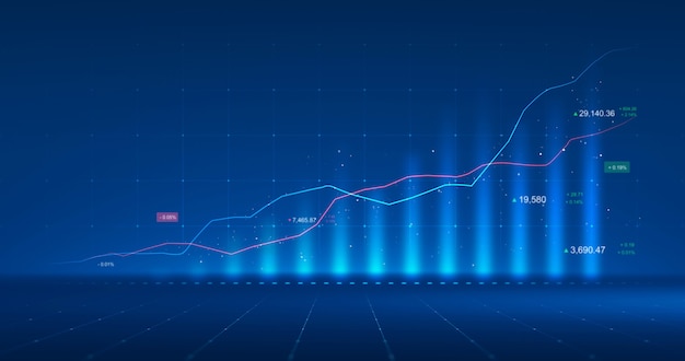 Market chart of business glowing stock graph or investment financial data profit on growth money diagram background with diagram exchange information. 3D rendering.