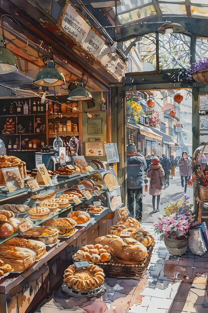 A market in the city displaying a variety of bread for customers