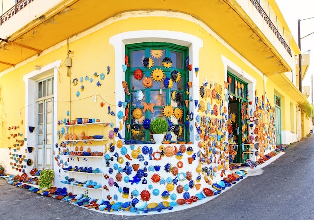 Market decorated by handmade ceramics in village Margarites at Crete island Greece