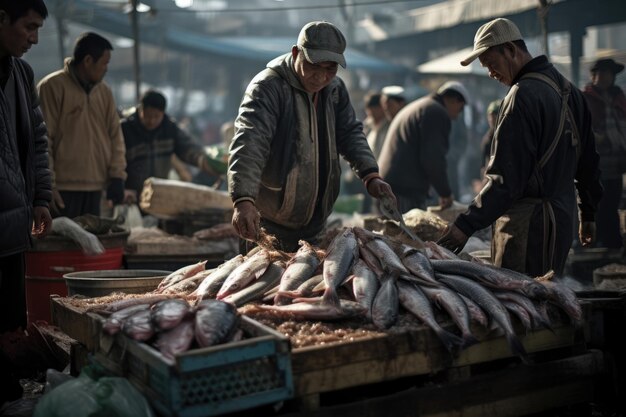 Photo market food street fish person fresh asia