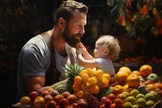 Market Memories A Father and His Baby Selecting Fresh Fruit AR 32