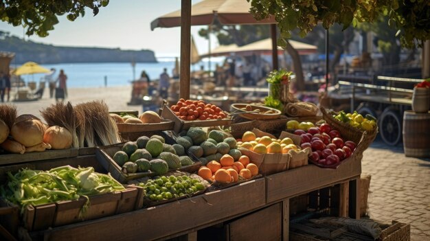 사진 해안 도시 광장 의 아침 시장 다채로운 과일 신선 한