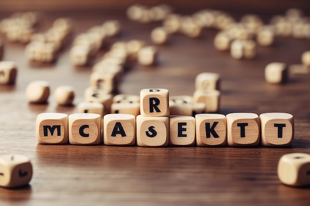 Market Research word built with letter make by wooden cubes and white blur background