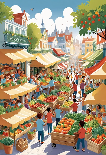 рыночная сцена с людьми, покупающими и продающими фрукты