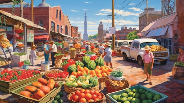 A market scene with a truck driving past a busy street full of fruit.