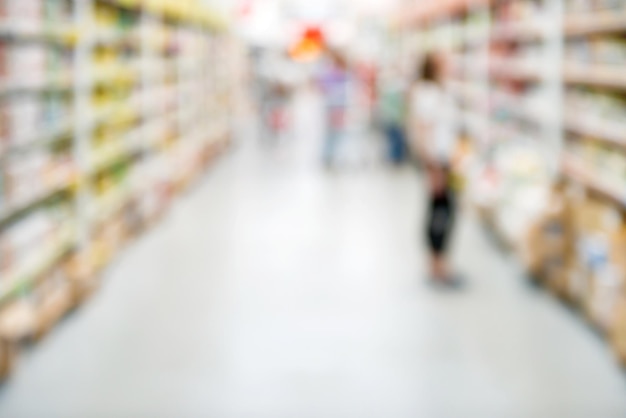 Market shop and supermarket interior with customers as blurred store background