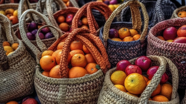 A market stall with baskets of fruit and a basket of oranges.