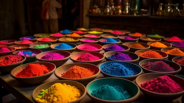 A market stall with bowls of colors of different colors.