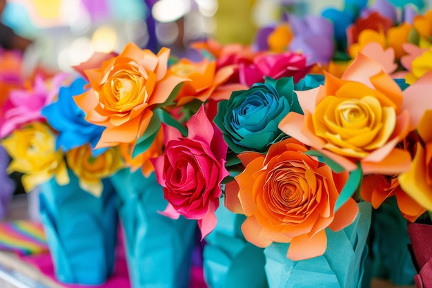 Market stallholder sells handmade paper flowers in brilliant hues