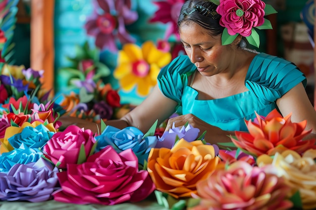 Market stallholder sells handmade paper flowers in brilliant hues