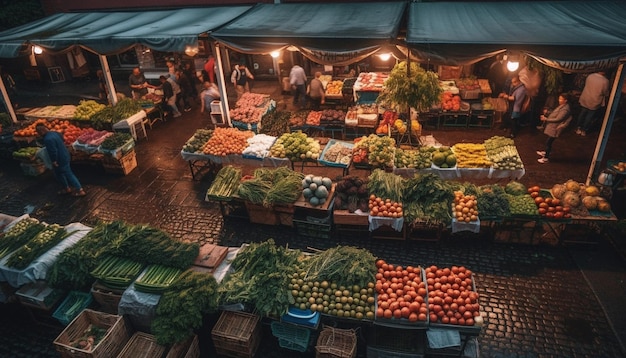 Продавец на рынке, продающий свежие фрукты и овощи, созданные ИИ