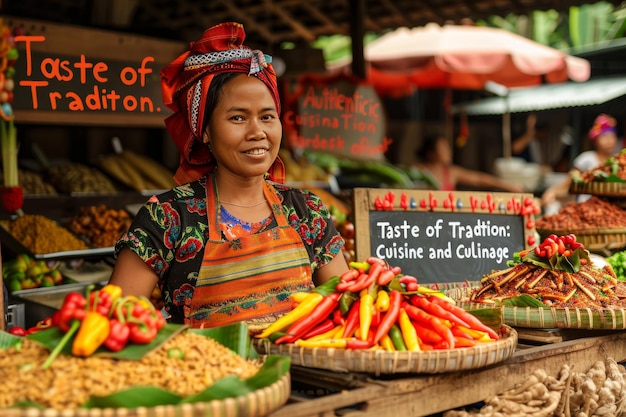 Market vendor in traditional dress selling spices