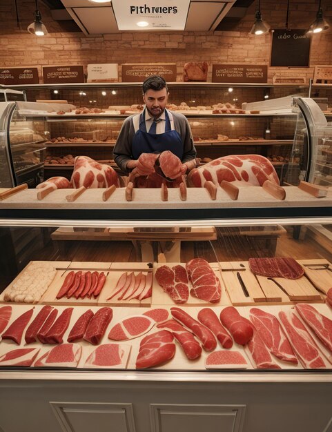 Рынок с различными разрезами мяса, выставленными на прилавках, показывающих сорт