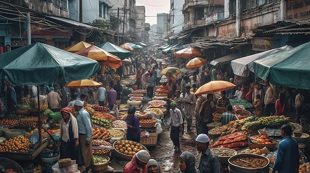 A market with a lot of people and a lot of food