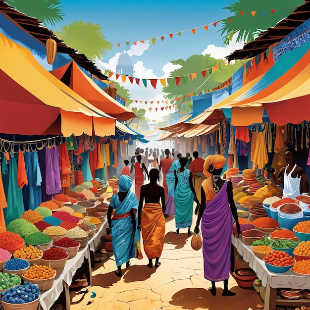 a market with people walking through it