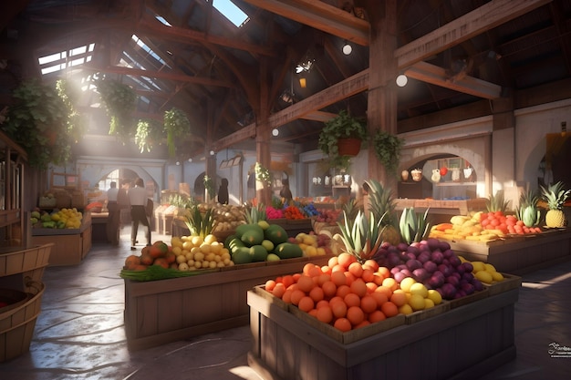 A market with a sign that says'fruit'on it