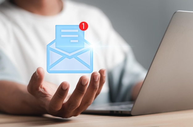 marketing concept customer service call center contact us man using laptop pc with email icon direct selling project in customer list business for email