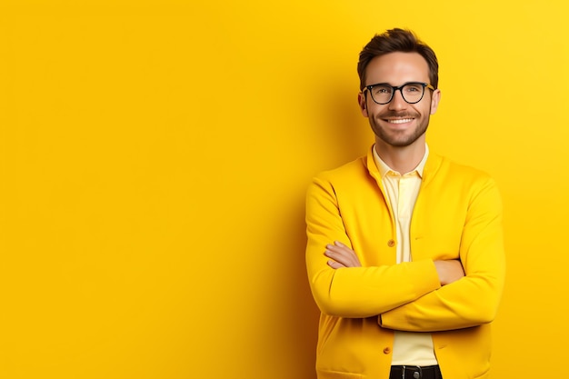 Marketing coordinator with copy space on yellow background