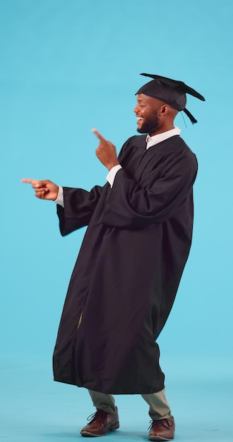 Photo marketing graduation and male student in a studio showing a promotion or advertisement happy smi