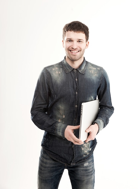 Marketing Manager with notebook on a white background.