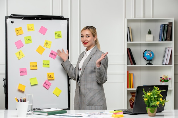 Marketing pretty cute young business lady in grey suit in the office happy presenting new ideas