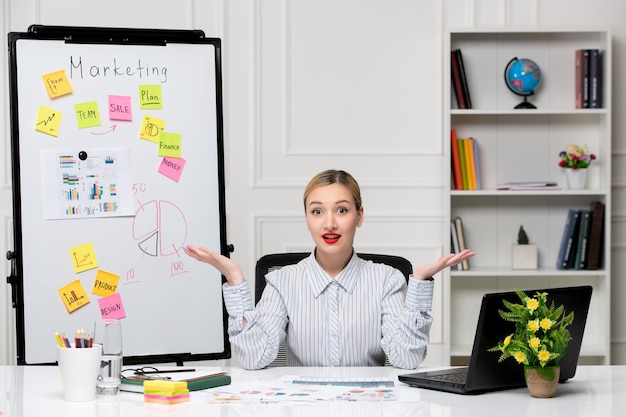 Marketing smart cute business lady in striped shirt in office waving hands and happy