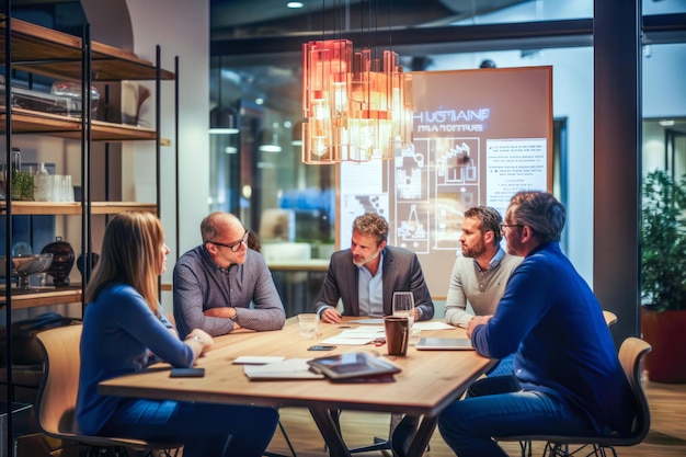 마케팅 팀은 마케팅 자료로 둘러싸인 역동적인 회의실에서 협력합니다.