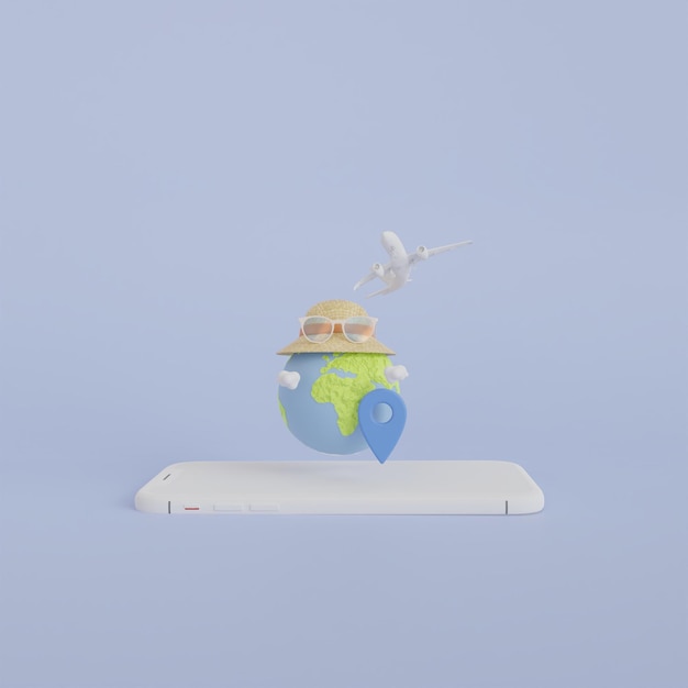 Marketing voor een reiszoektoepassing in 3D-renderstijl met een telefoon in de hand waarvan een vliegtuig