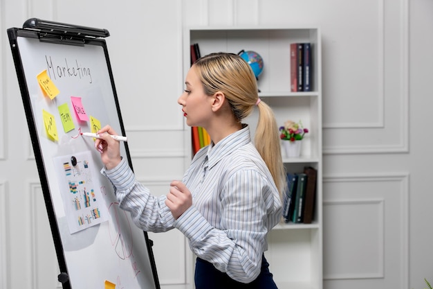 Marketing young cute business lady in striped shirt in office writing on sticky notes