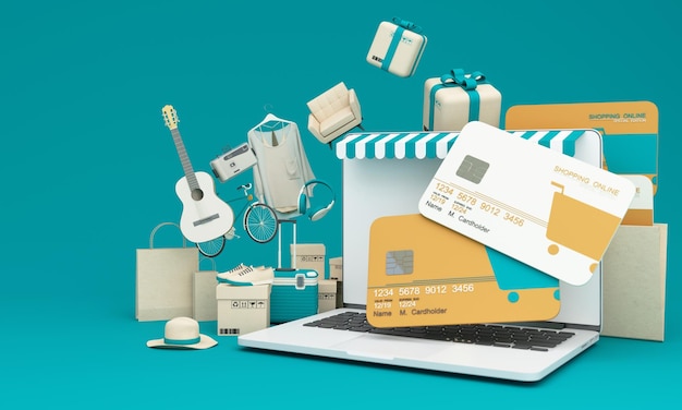 marketplace online illustration 3d style internet multi vendor store on laptop computer with multi vendor stores in green tones and gadget on notebook screen with bank credit card 3d rendering