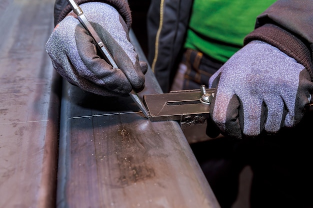 Markings on a metal surface for drilling holes. Marking tools.