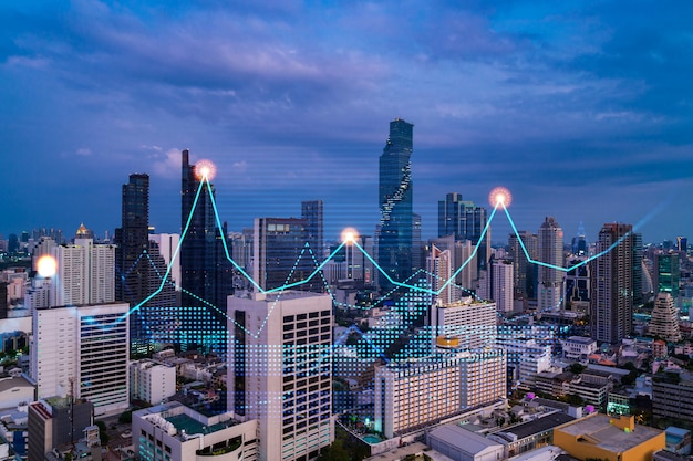 Marktgedrag grafiek hologram zonsondergang panoramisch uitzicht op de stad Bangkok populaire locatie om financiële graad in Azië te behalen Het concept van financiële gegevensanalyse Dubbele blootstelling