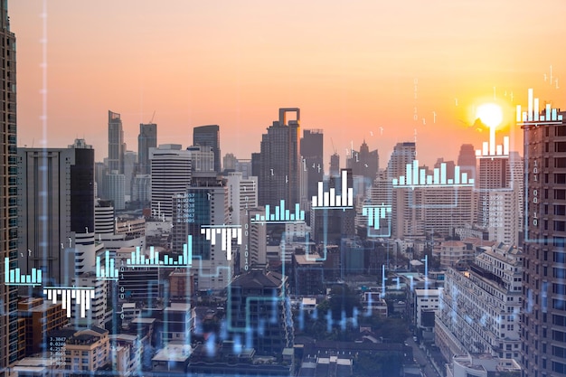 Marktgedrag grafiek hologram zonsondergang panoramisch uitzicht op de stad Bangkok populaire locatie om financiële graad te behalen in Zuidoost-Azië Het concept van financiële gegevensanalyse Dubbele blootstelling