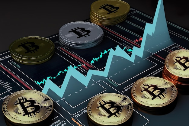 Marktgrafiek Bitcoin Investeren in virtuele activa Investeringsplatform met grafieken en bitcoinmunt.