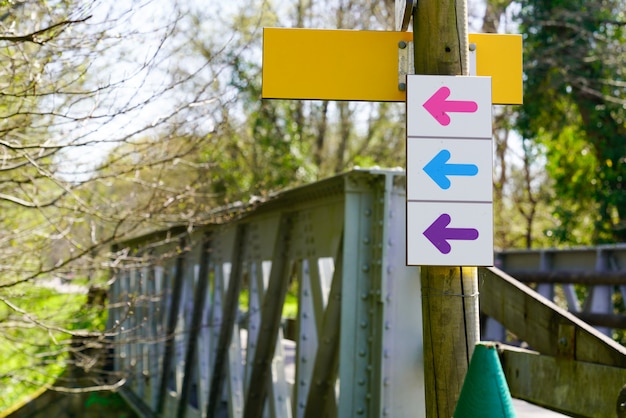 Markup of the hiking trail path near small pathway bridge river