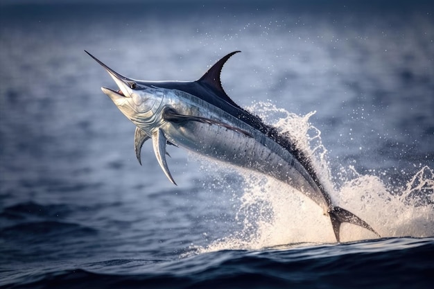 Marlin jumping from the water its streamlined body and fins visible